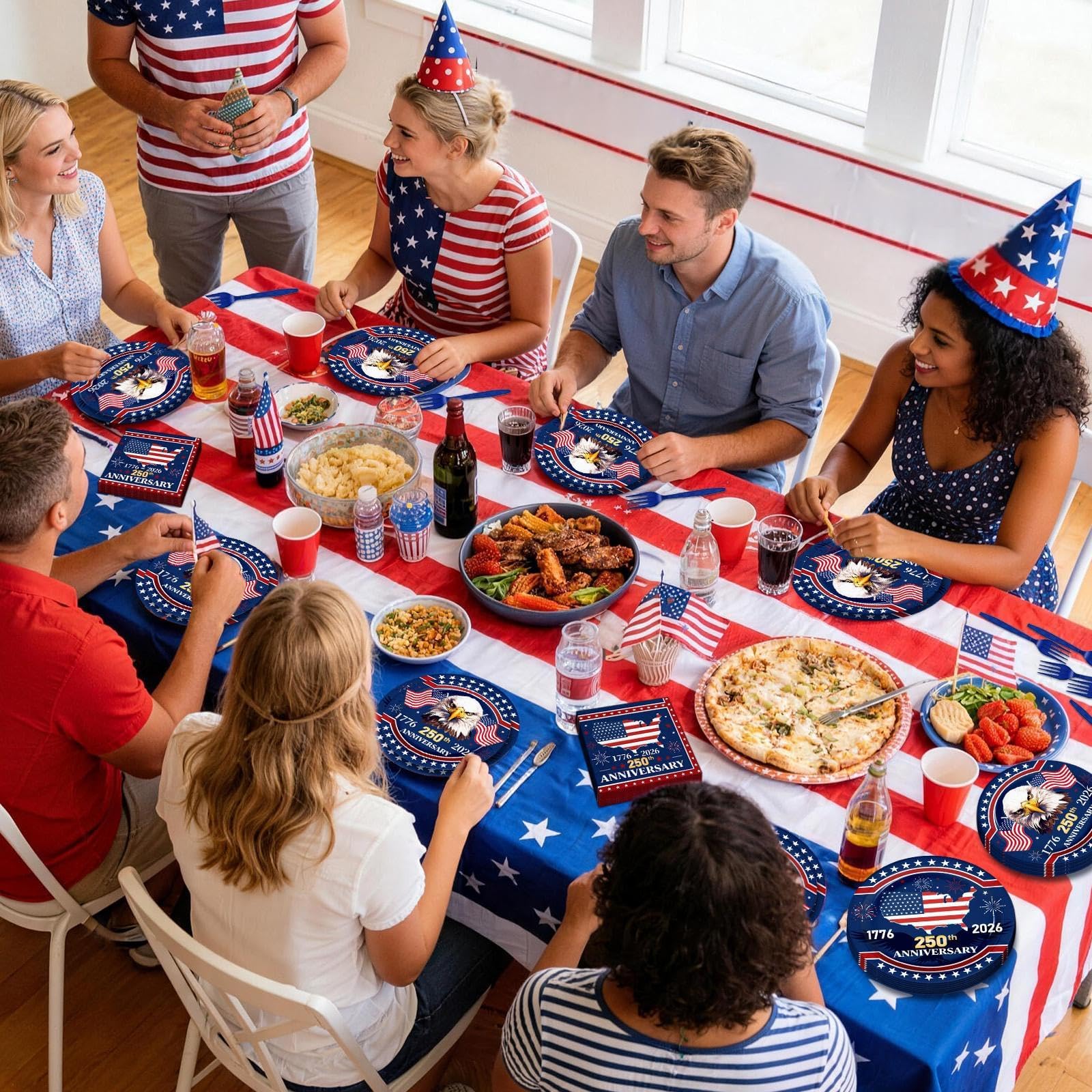 100 Pcs 250th Anniversary Party Supplies - Serves 25, Red White Blue Disposable Tableware, Includes Paper Plates, Napkins, Plastic Forks for 1776-2026