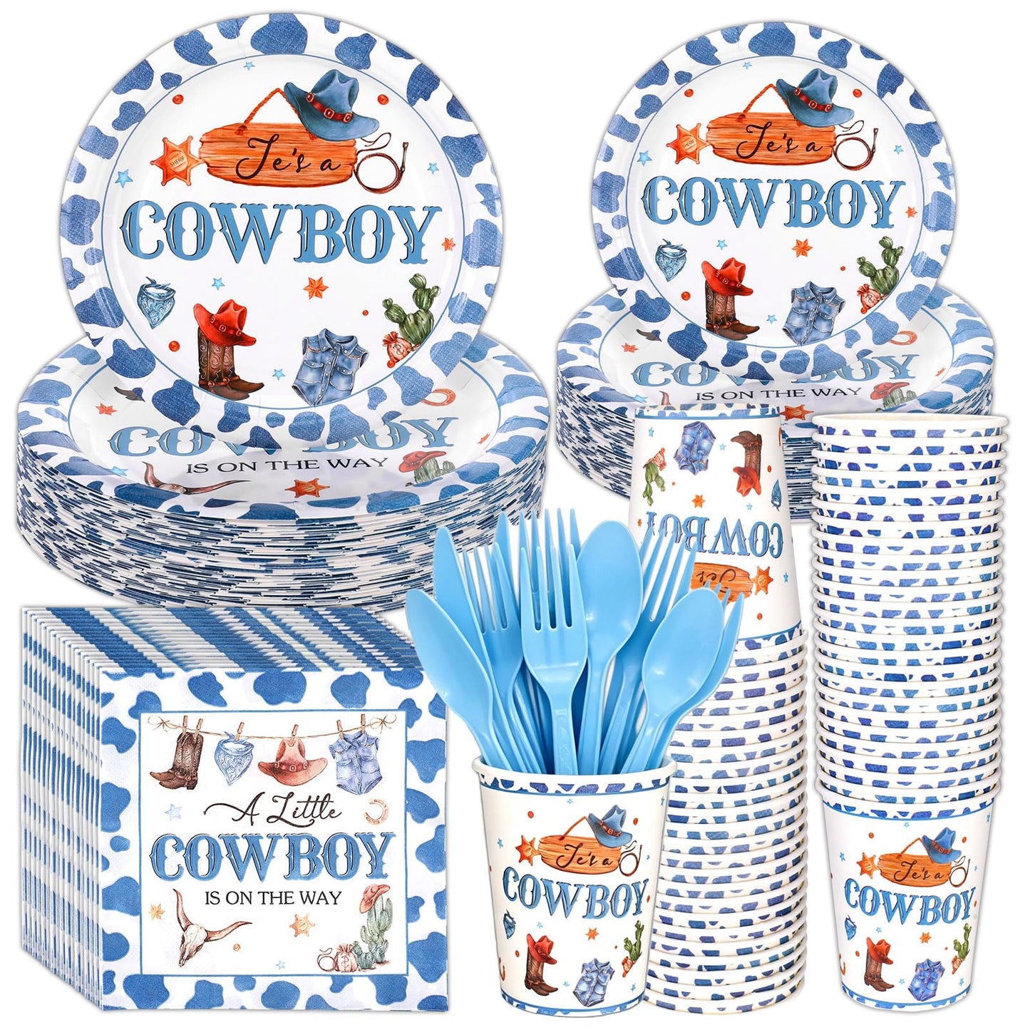 175 Pcs Cowboy Baby Shower Decorations Baby Shower Paper Plates Napkins Cups Set Disposable, a Little Cowboy Is on the Way Party Wild Western Theme