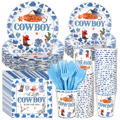 175 Pcs Cowboy Baby Shower Decorations Baby Shower Paper Plates Napkins Cups Set Disposable, a Little Cowboy Is on the Way Party Wild Western Theme