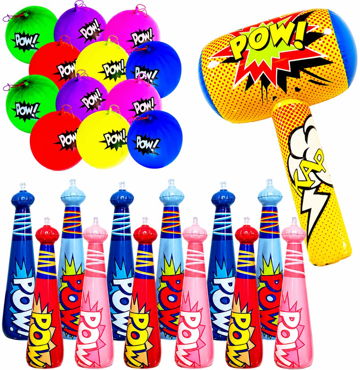 4E's Novelty 25 Piece Set Inflatable Baseball Bats with Pow Design, 12 Punch Balloons for Kids, 1 Huge 30" Bopper for Super Hero Birthday Bat