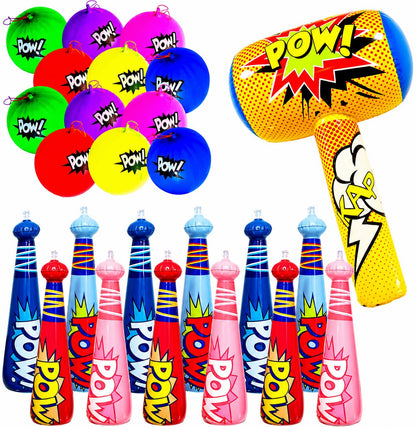 4E's Novelty 25 Piece Set Inflatable Baseball Bats with Pow Design, 12 Punch Balloons for Kids, 1 Huge 30" Bopper for Super Hero Birthday Bat