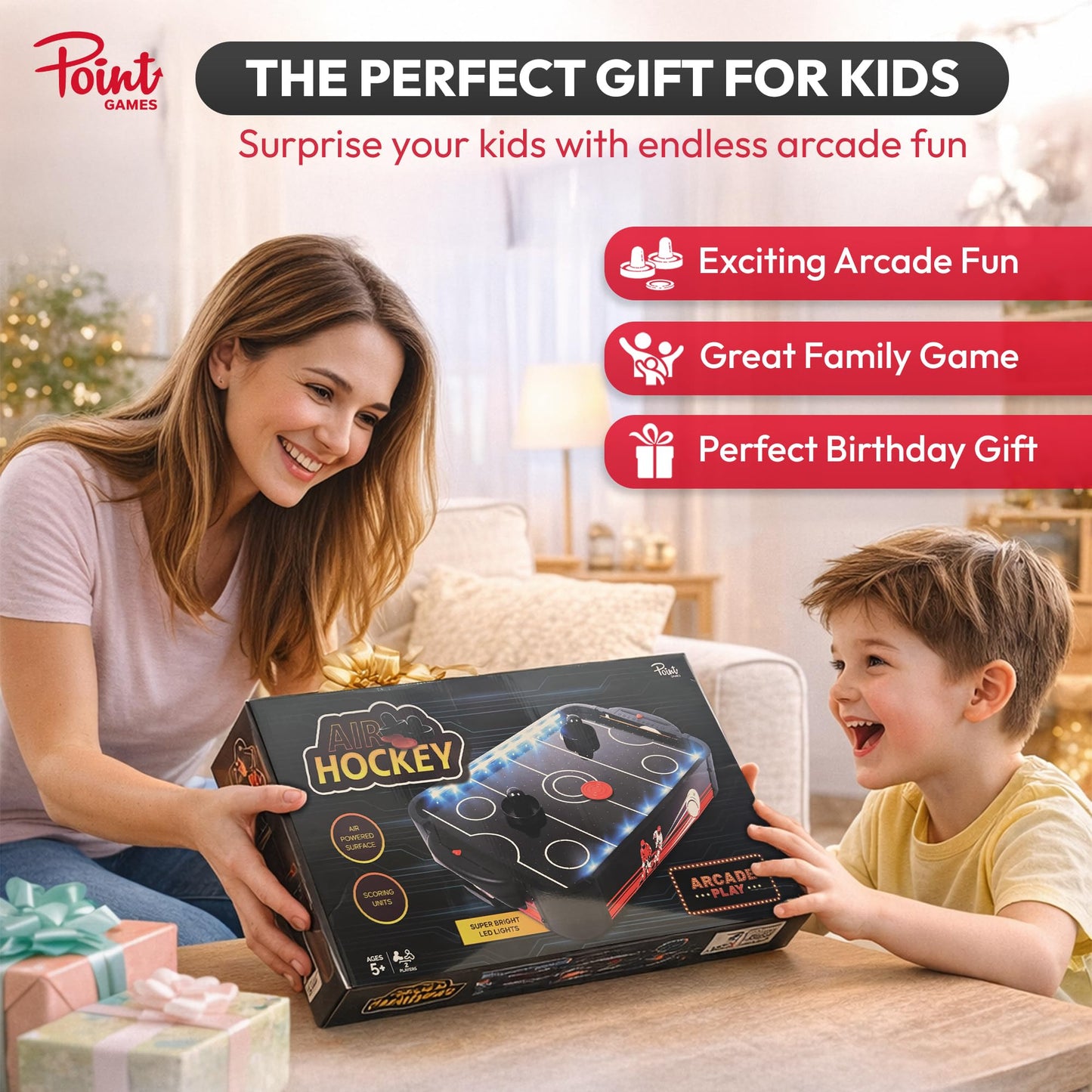 Air Hockey Game with LED Lights, Portable Tabletop Air Hockey Game & Gift for Kids & Family Fun, Air Hockey Table Game with 2 Pushers 2 Pucks, Compact
