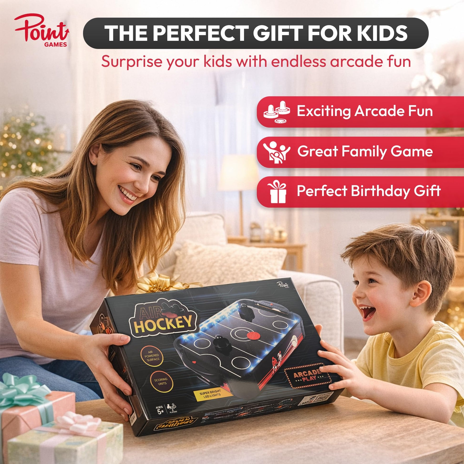 Air Hockey Game with LED Lights, Portable Tabletop Air Hockey Game & Gift for Kids & Family Fun, Air Hockey Table Game with 2 Pushers 2 Pucks, Compact