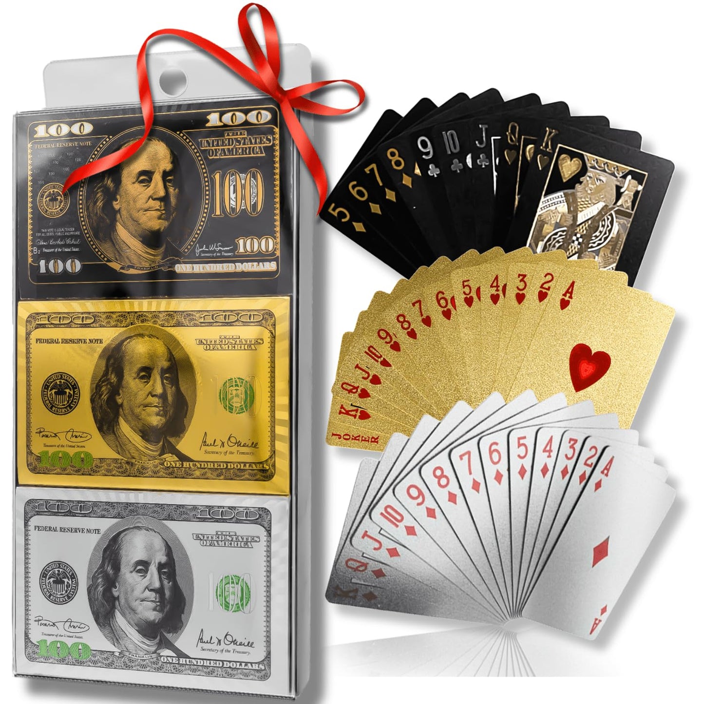 Magic Kiss Waterproof Gold and Silver Foil Poker Playing Cards, Deck of Plastic Playing Cards Gift (3 Decks/Gold + Silver + Black)