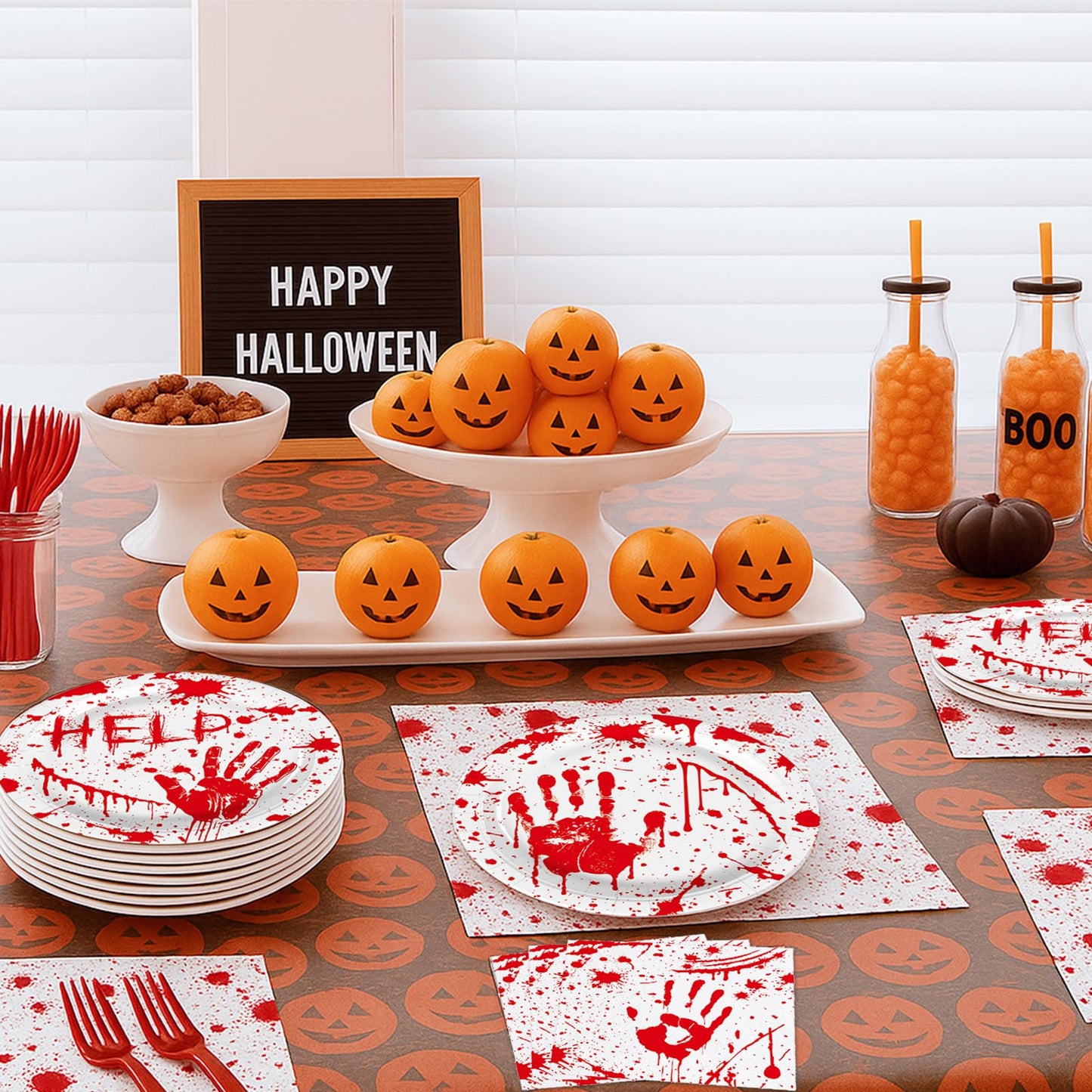 100 Pieces Halloween Bloody Handprint Tableware Set, Blood Splatter Plates, Napkins, and Red Plastic Forks for Halloween, Horror Birthday, Zombie