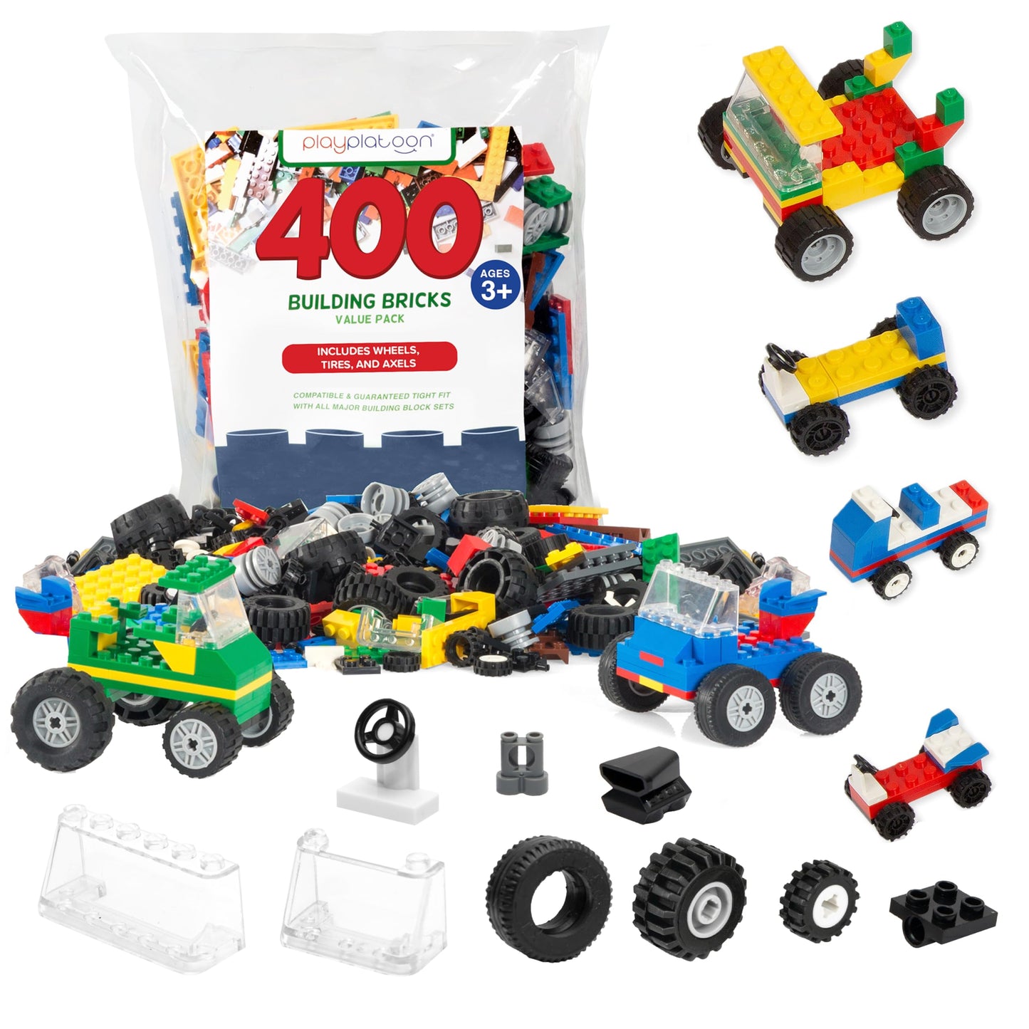 Play Platoon 400 Piece Wheels and Axles Sets, Building Bricks Car Parts & Pieces Kit - Car Building Set with Wheels, Axles & Windshields and Bonus