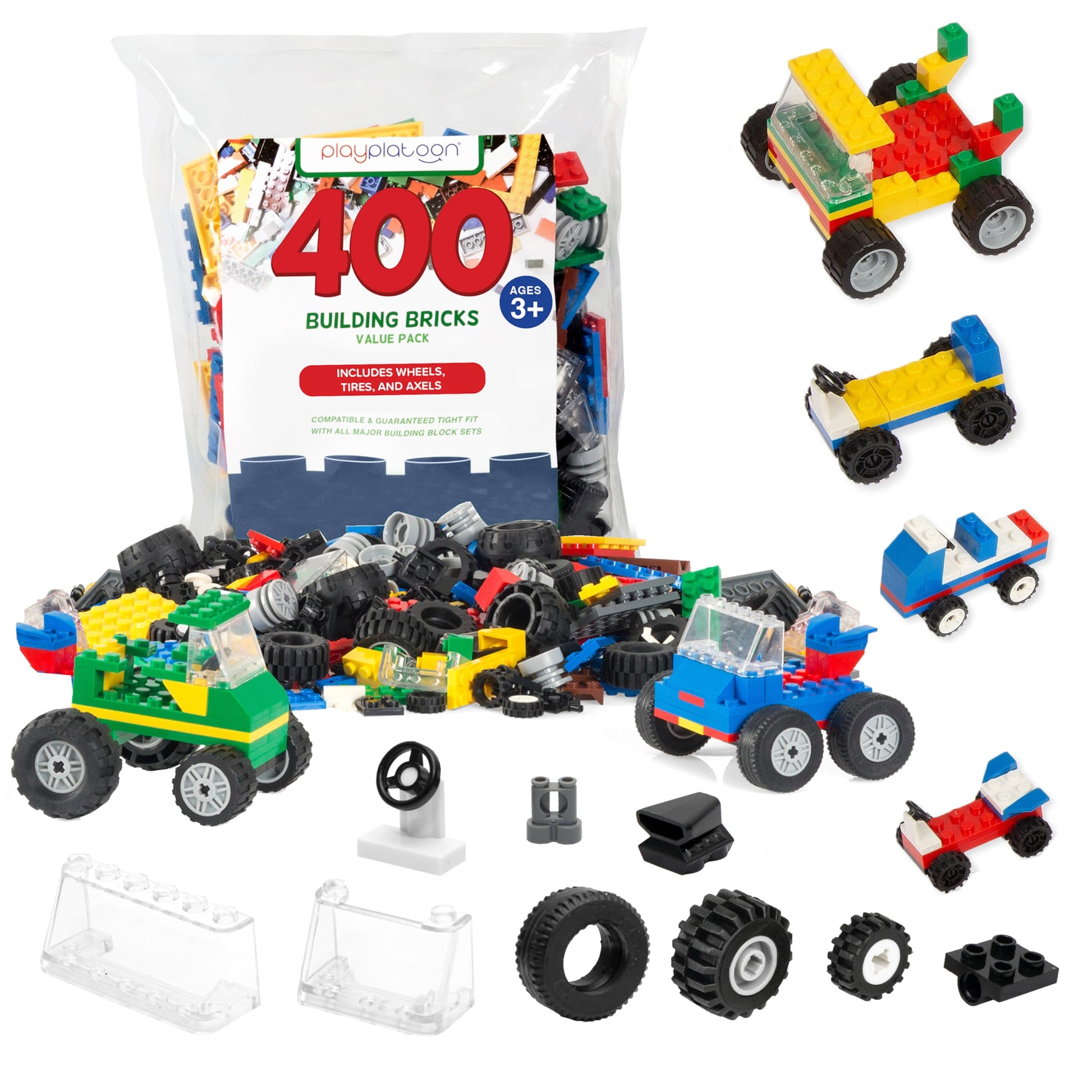 Play Platoon 400 Piece Wheels and Axles Sets, Building Bricks Car Parts & Pieces Kit - Car Building Set with Wheels, Axles & Windshields and Bonus