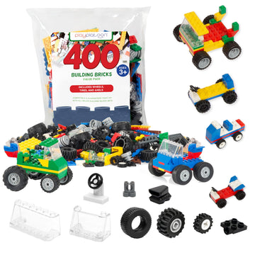 Play Platoon 400 Piece Wheels and Axles Sets, Building Bricks Car Parts & Pieces Kit - Car Building Set with Wheels, Axles & Windshields and Bonus