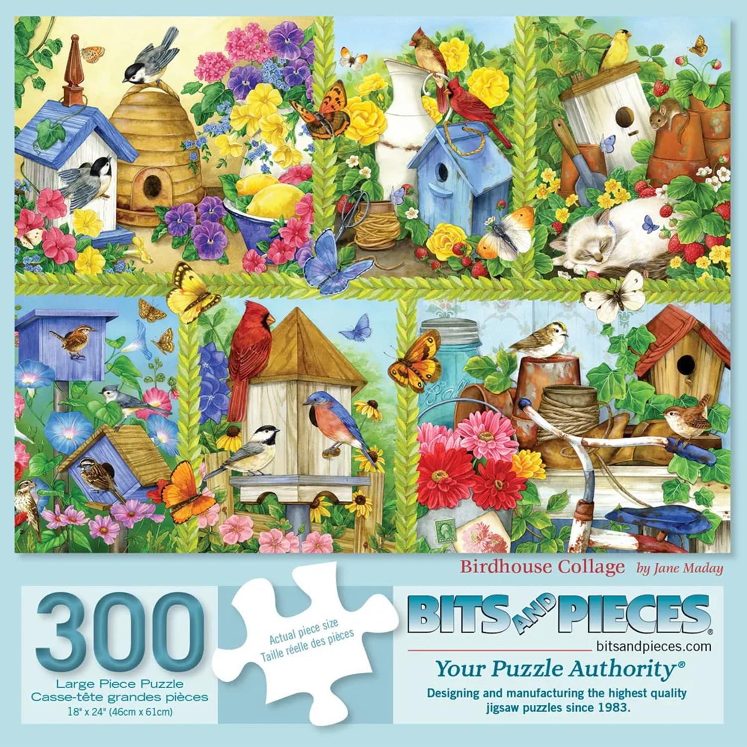Bits and Pieces 300 Piece Puzzles for Adults - Birdhouse Collage - 300 Large Pieces 18" x 24" Jigsaw Puzzles, Colorful Springtime Birds and Flowers