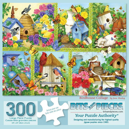 Bits and Pieces 300 Piece Puzzles for Adults - Birdhouse Collage - 300 Large Pieces 18" x 24" Jigsaw Puzzles, Colorful Springtime Birds and Flowers