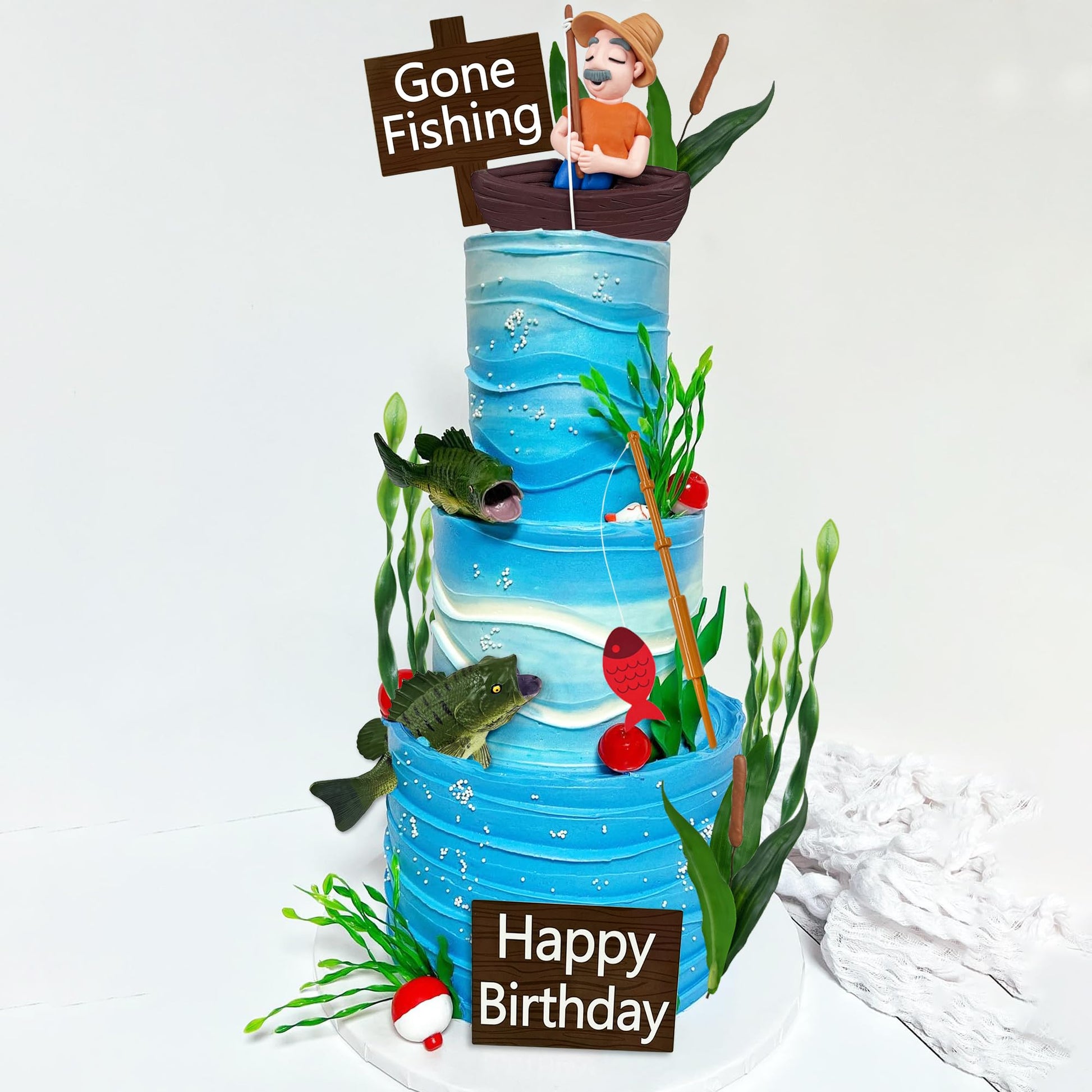 21 PCS Gone Fishing Cake Toppers Fisherman Fish Cake Decoration for Gone Fishing Themed Party Supplies Decor