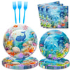 Letromp 80 Pcs Under The Sea Party Supplies Ocean Disposable Paper Plates Napkins Forks Dinnerware for Underwater World Sea Life Theme Baby Shower 1st