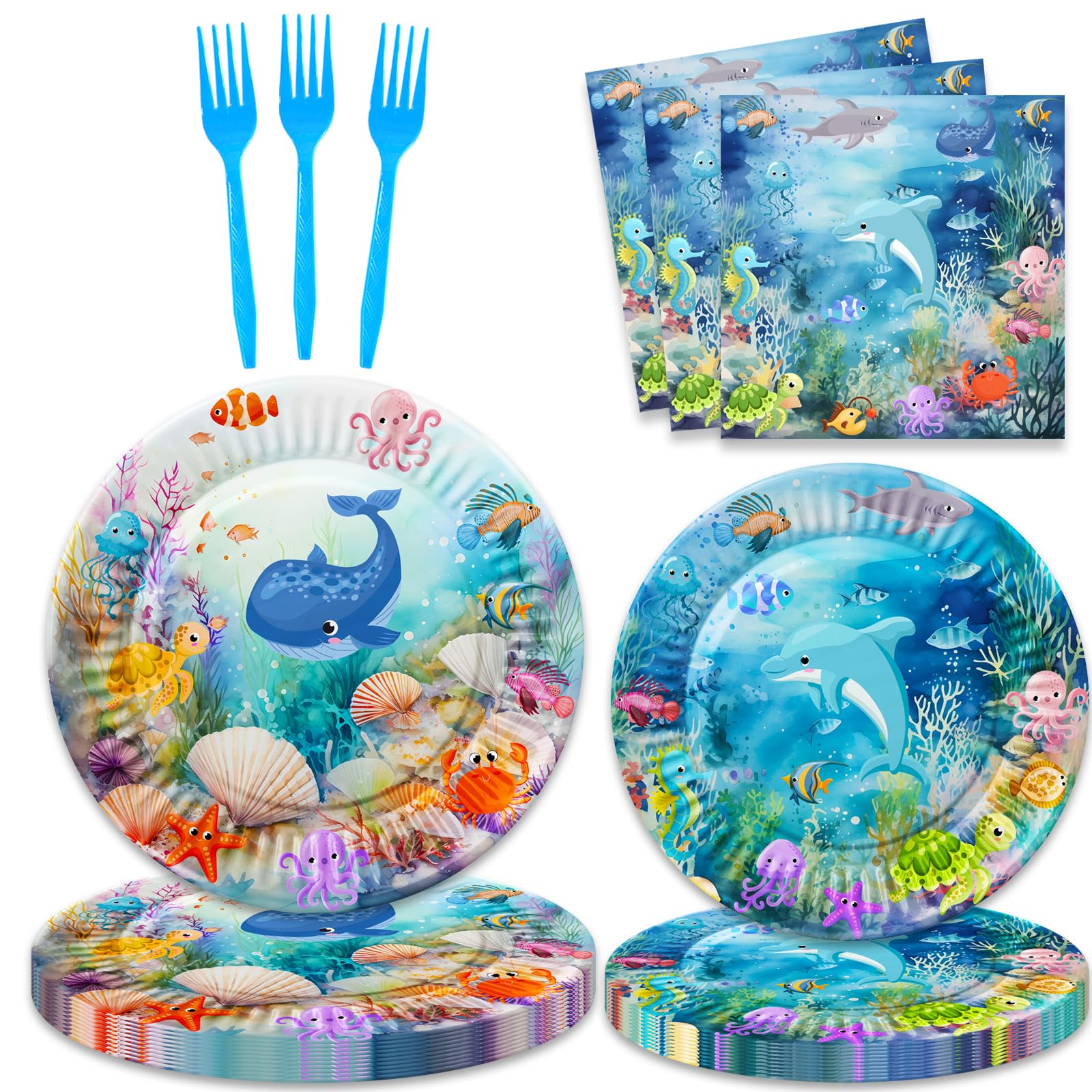 Letromp 80 Pcs Under The Sea Party Supplies Ocean Disposable Paper Plates Napkins Forks Dinnerware for Underwater World Sea Life Theme Baby Shower 1st