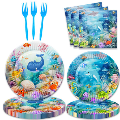 Letromp 80 Pcs Under The Sea Party Supplies Ocean Disposable Paper Plates Napkins Forks Dinnerware for Underwater World Sea Life Theme Baby Shower 1st