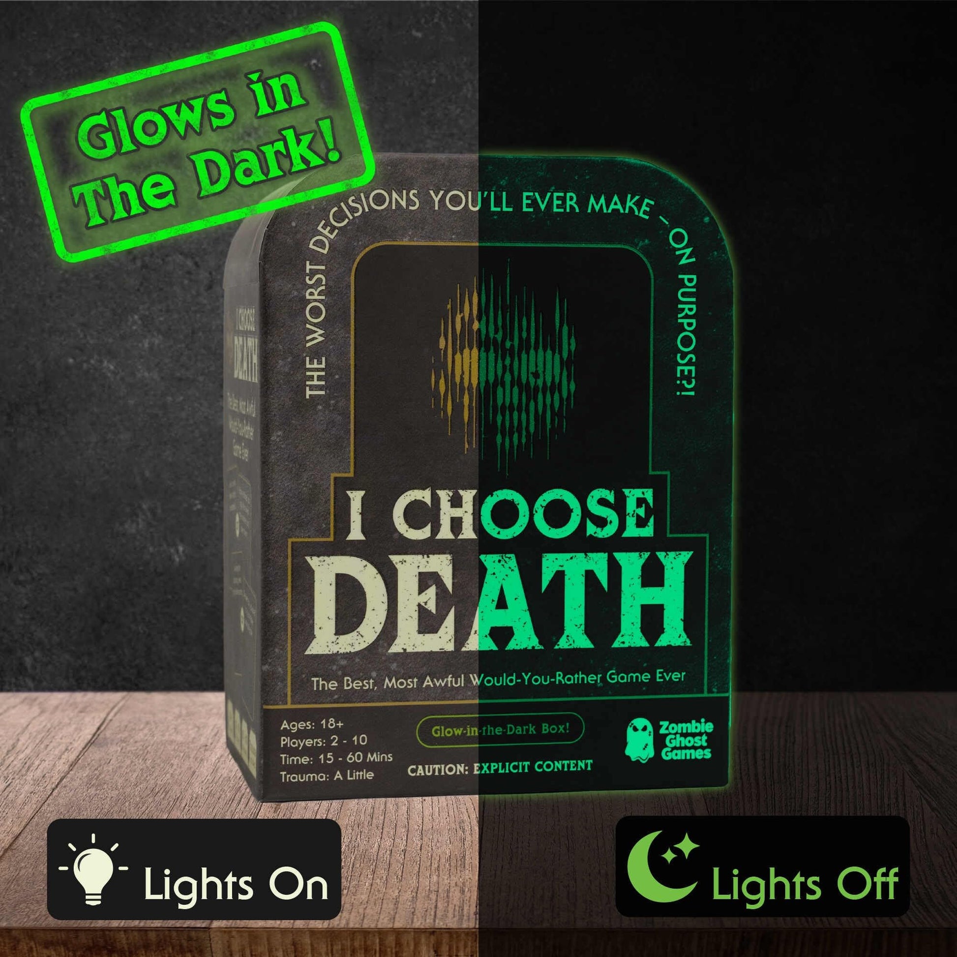 I Choose Death Would-You-Rather Card Game for Adults - Glow-in-the-Dark Tombstone Box - What Would You Rather Do Party Game with 300 Scenario Cards