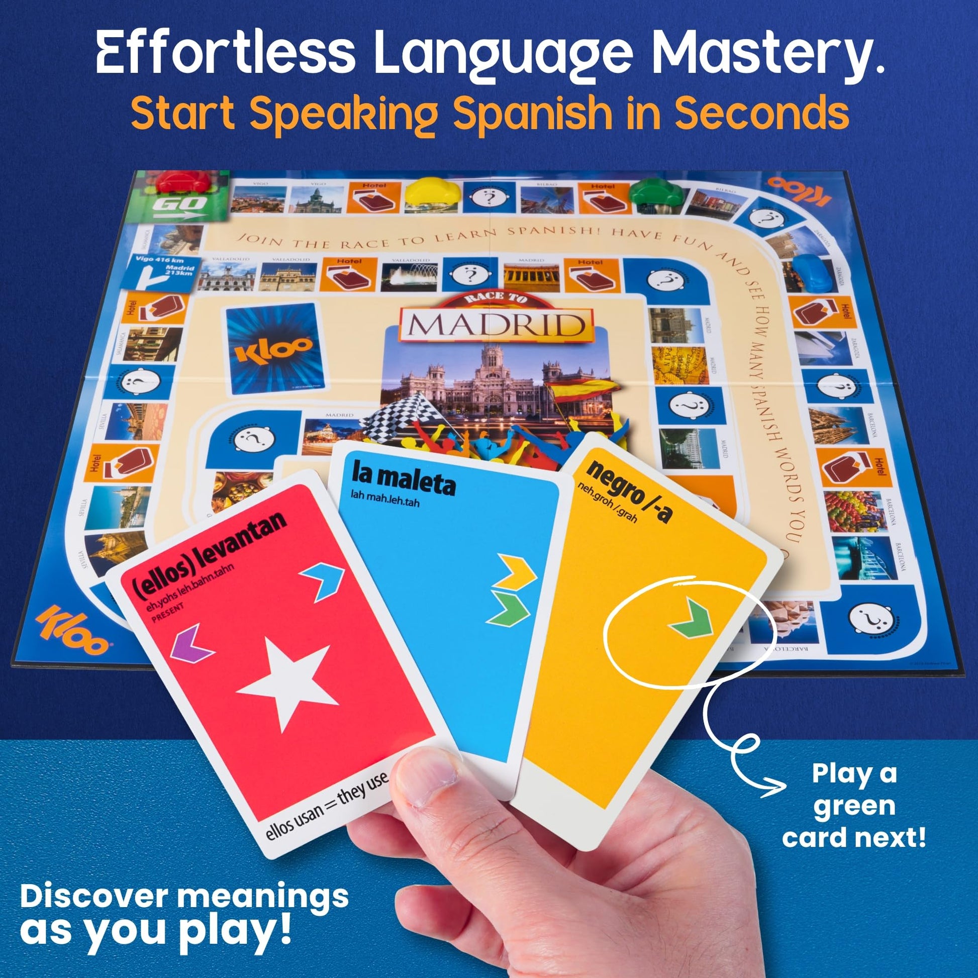 Spanish Board Game - Race to Madrid | Easy to Learn Words, Grammar, Verbs | Fun for Adults, Kids, Beginners, Classroom | 4 Decks Dynamic Flash Cards
