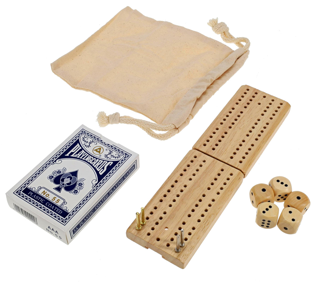 WE Games Travel Cribbage Board Game Set - Foldable 2-Track Mini Wooden Cribbage Board with Cards, Dice, Metal Pegs & Storage Bag - Portable Game