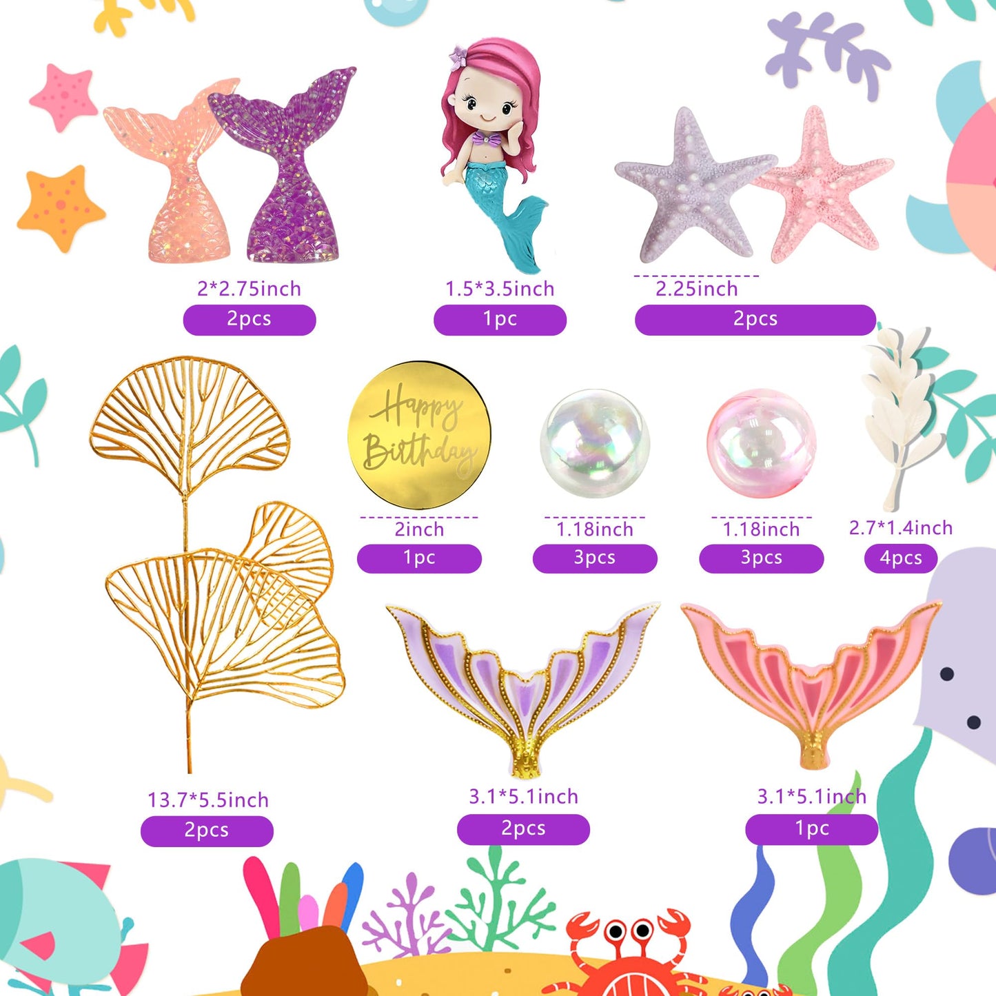 Mermaid Cake Toppers with Mermaid Shells Fishtails Balls Ginkgo Leaf for Birthday