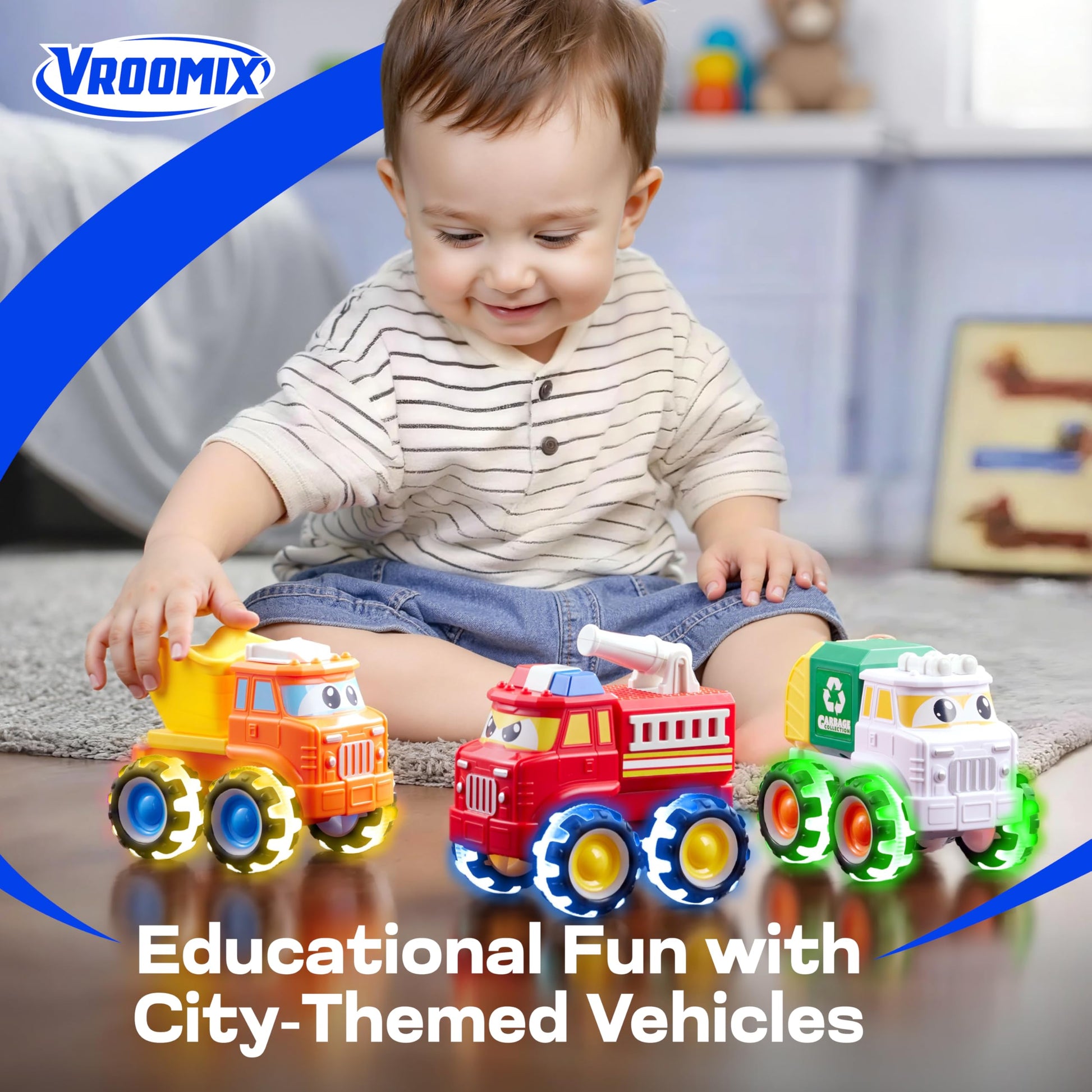 Vroomix JOVA GlowRover 3 Pack Monster Truck Toys, City Utility Cars with Flashing LED Light Up Wheels, Push and Go Cars for Toddlers Boys Girls Age 2