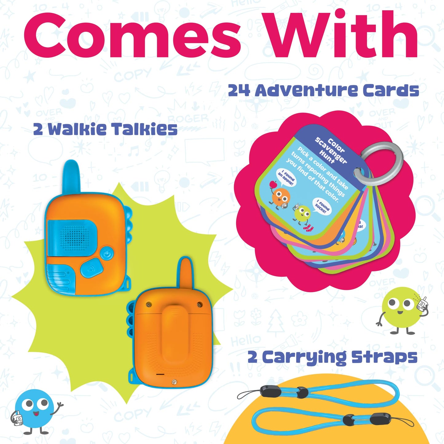 Walkie Talk-Along Scavenger Hunt & Adventure Set - 2 Rugged Walkie Talkies (1,000 ft Range) + 24 Mission Cards - Outdoor Backyard Games for Kids Ages