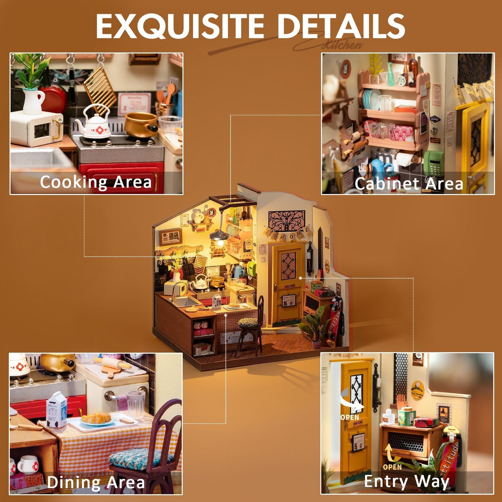 Robotime DIY Miniature House Kit, 1:18 Kitchen Diorama Dollhouse with LED Lights, 3D Wooden Puzzle for Adults, Craft Hobby Gift for Women Men Teens