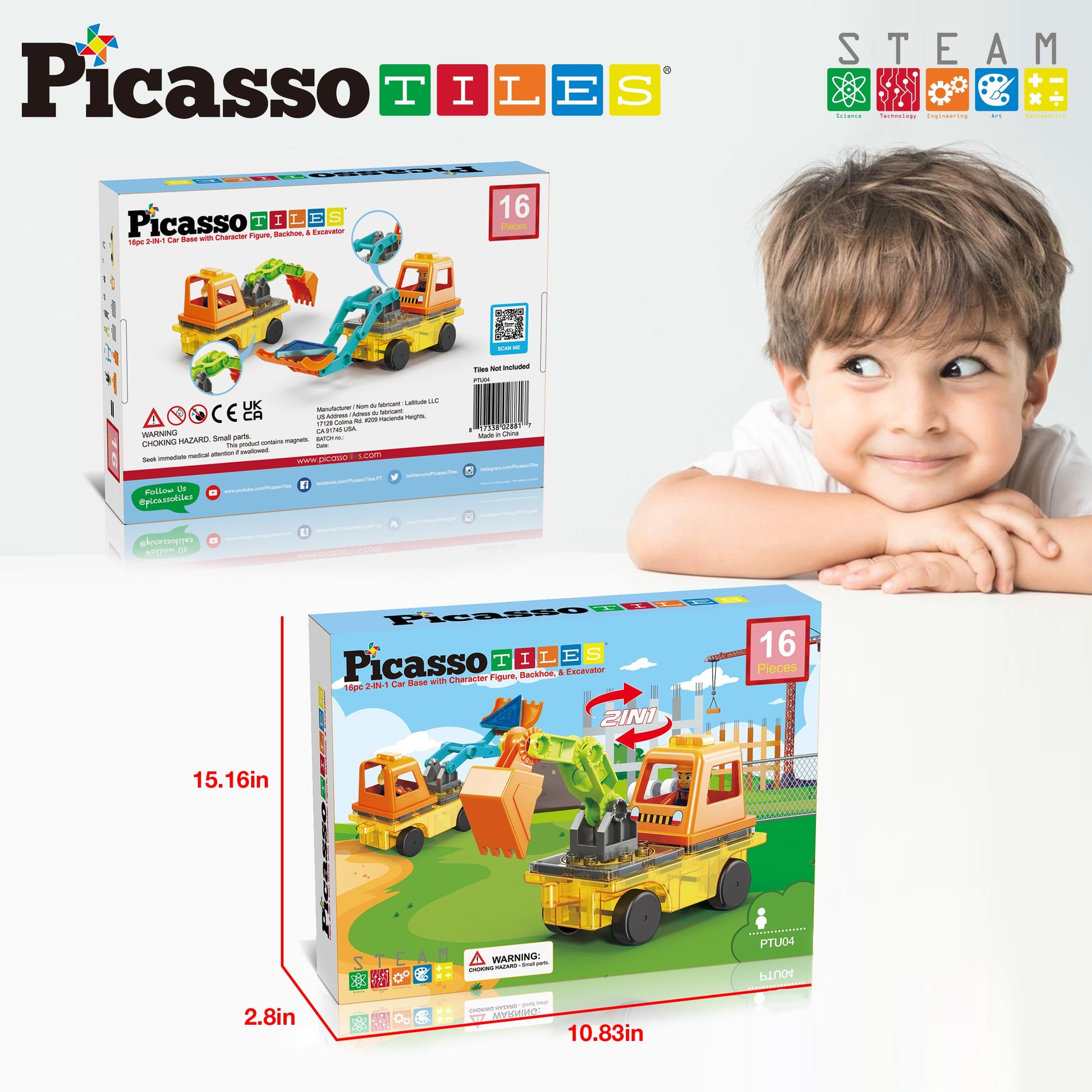 PicassoTiles Magnet Tiles Building Block 2-in-1 Excavator & Backhoe Brick Compatible Construction Playset with Car Base Magnetic Character Action