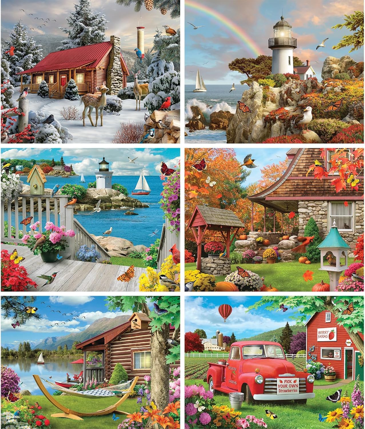 Bits and Pieces 6 Jigsaw Puzzle Multi Pack Jigsaw Puzzles for Adults - Serene Seasons by Alan Giana - Includes 300, 500, and 1000 Piece Puzzles