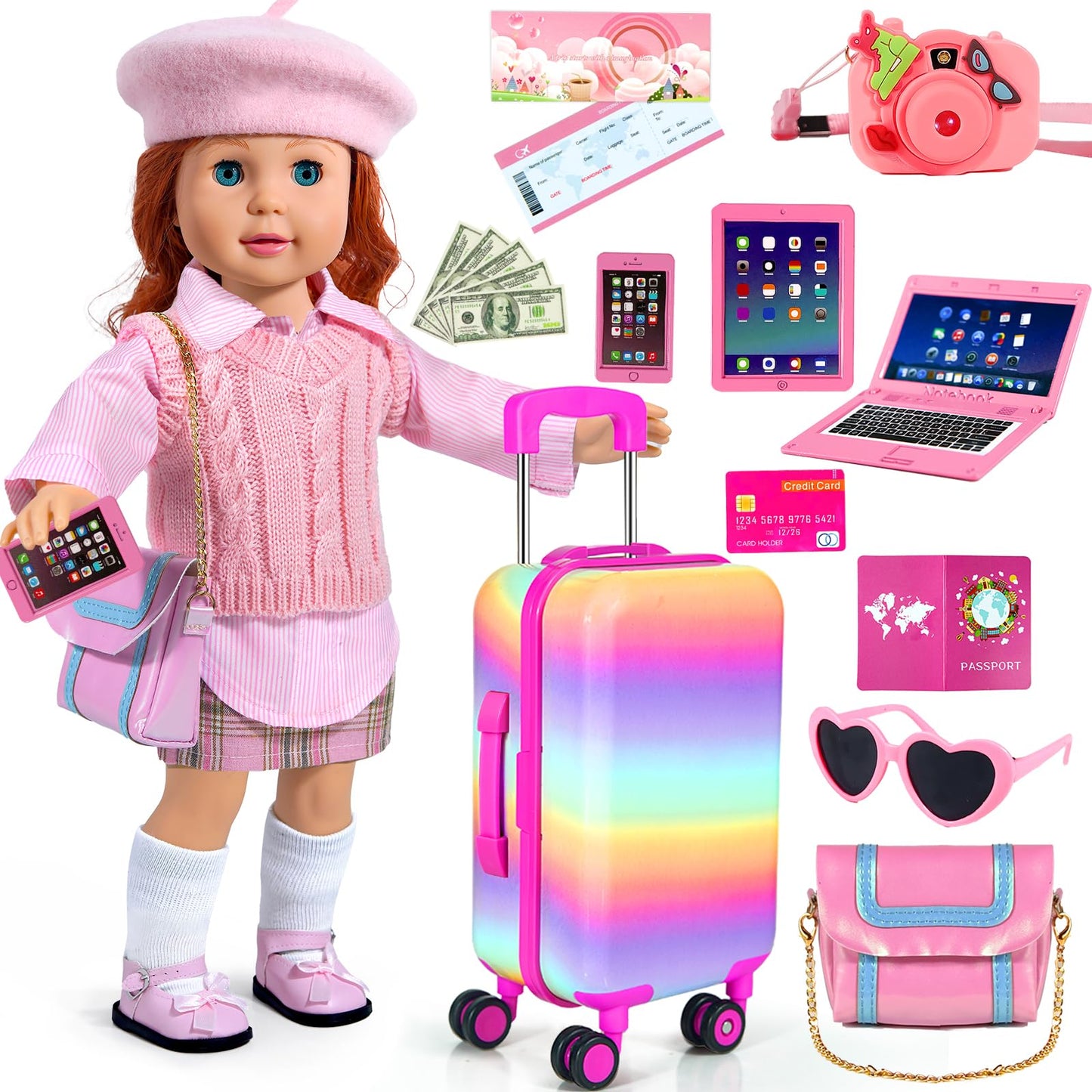 WONDOLL American 18-inch-Doll-Clothes and Accessories Girl-Travel-Suitcase Luggage,Clothes and Shoes, Bag, Sunglasses, Camera, Passport, Notebook