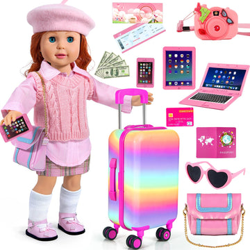 WONDOLL American 18-inch-Doll-Clothes and Accessories Girl-Travel-Suitcase Luggage,Clothes and Shoes, Bag, Sunglasses, Camera, Passport, Notebook