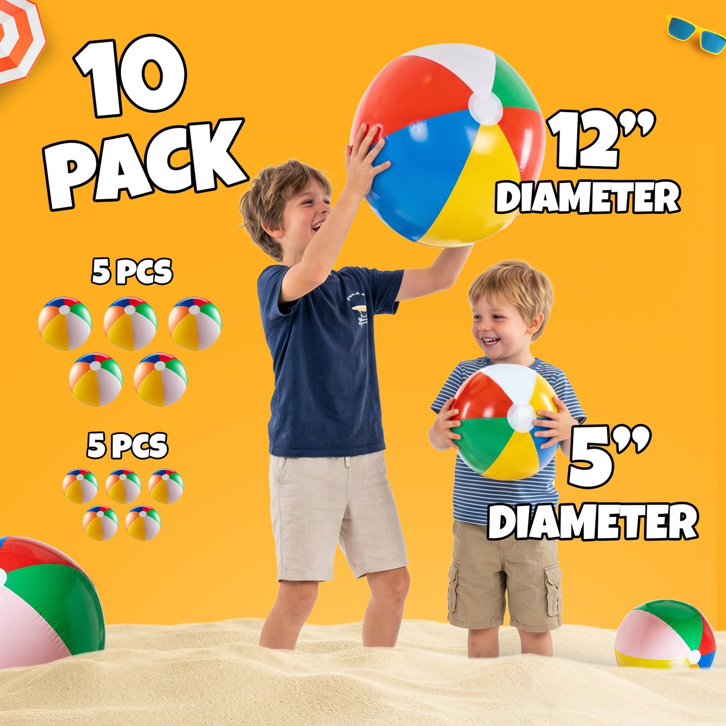 10 Pcs Rainbow Beach Balls Bulk Variety Pack - (5) 5-inch, (5) 12-inch