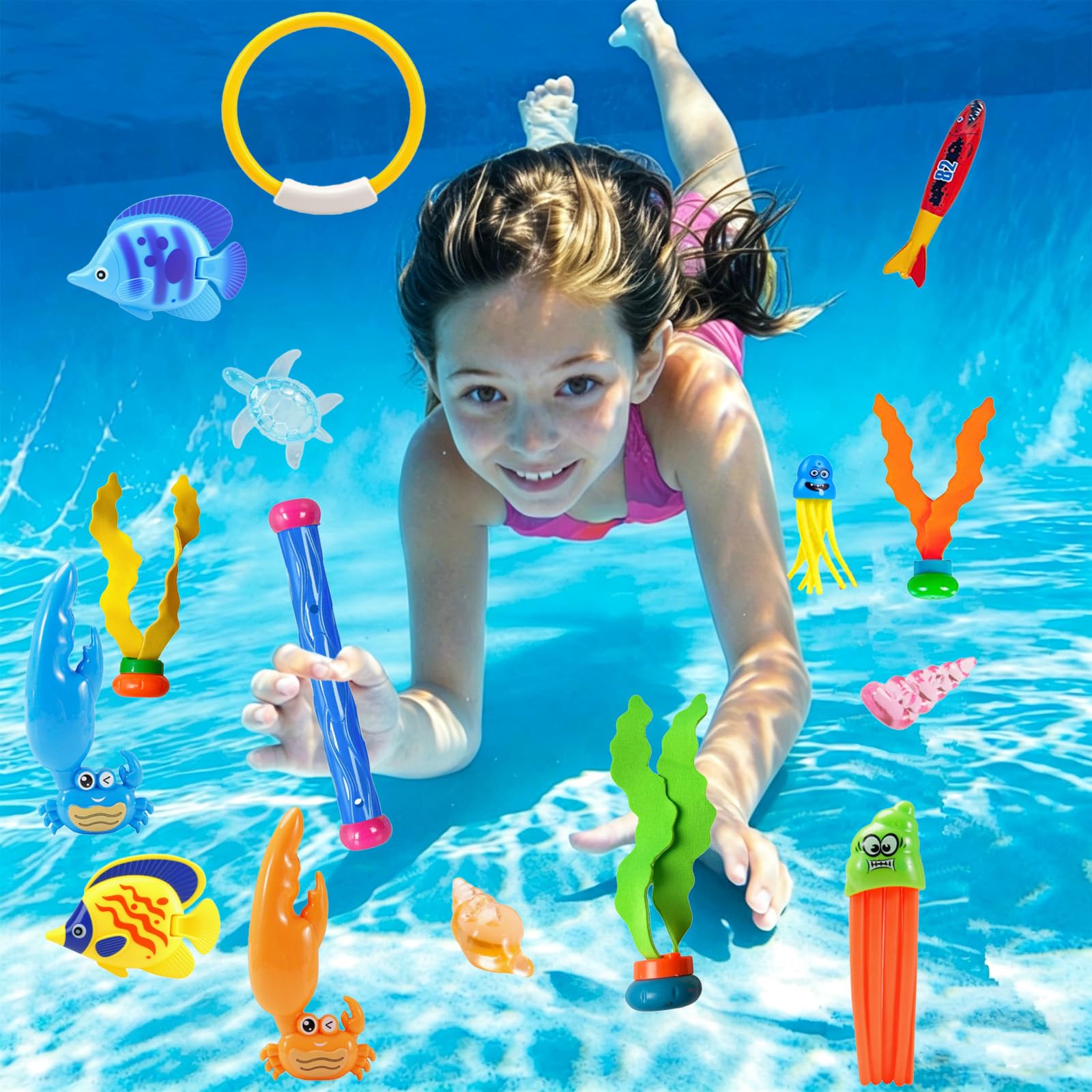 FUNCSDIK 35PCS Diving Pool Toys for Kids, Summer Underwater Diving Toys Set with Dive Sticks Rings Gems Storage Bag, Swimming Pool Toys for Fun Pool