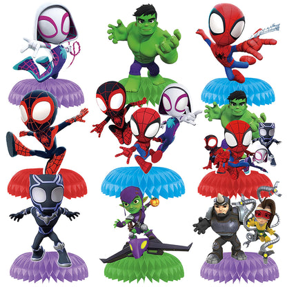 9Pcs Spidey Honeycomb Centerpieces, Cartoon Movie Theme Birthday Party Supplies, Double-Sided 3D Table Decorations & Favors for Kids