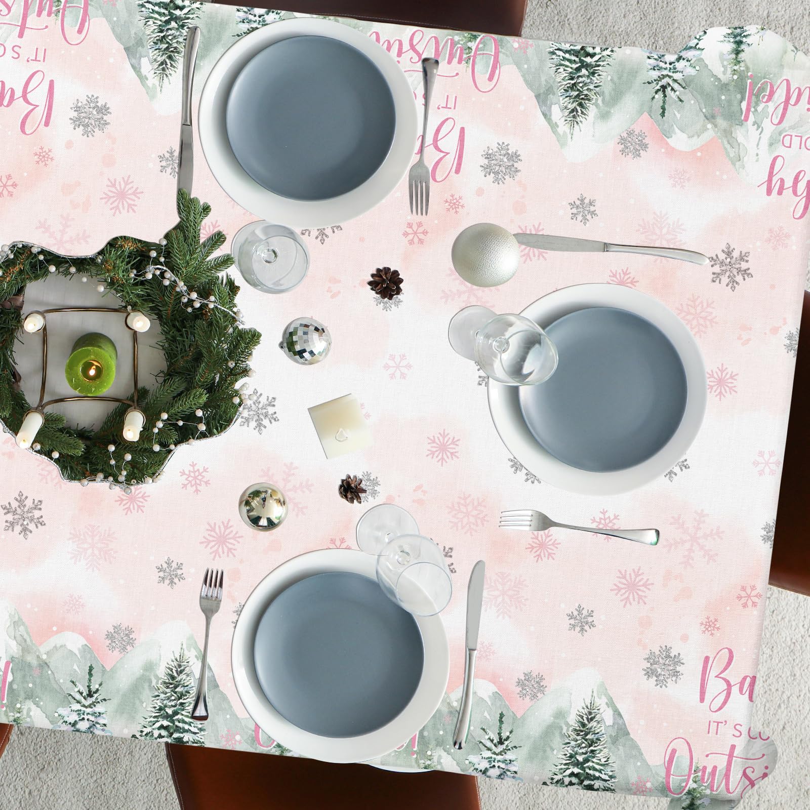 Dydamud Winter Woodland Plastic Tablecloth - 3pcs Rectangle Table Cover for Baby Girl's Cold Outside Baby Shower & Birthday Party Decorations