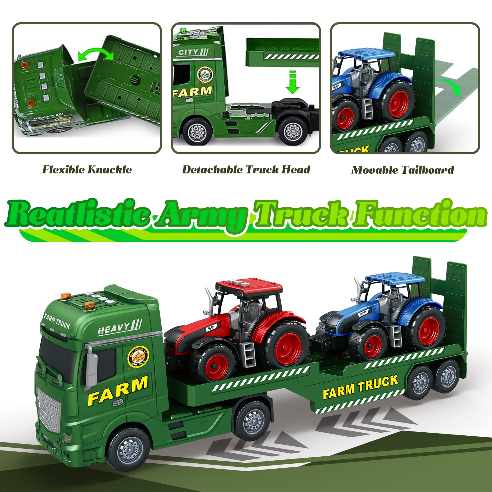 lonfypeng 3-in-1 Farm Truck Toys for Kids Ages 3-6 - 25.6 Inch Extra-Large Inertia Semi Trailer with Lights & Sounds, Detachable Tractor and Light