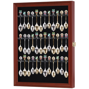 36 Souvenir Tea Spoon Display Case Rack Wall Mountable Cabinet Frame with Lockable Door Mahogany Finish