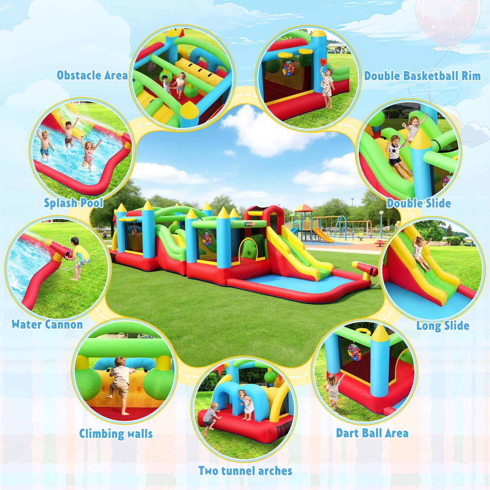 AKEYDIY Inflatable Water Slide Bounce House with 2 x Blowers Obstacle Course for Big Kids 3-12, Giant 29FT Backyard Water Park with Slides, Basketball