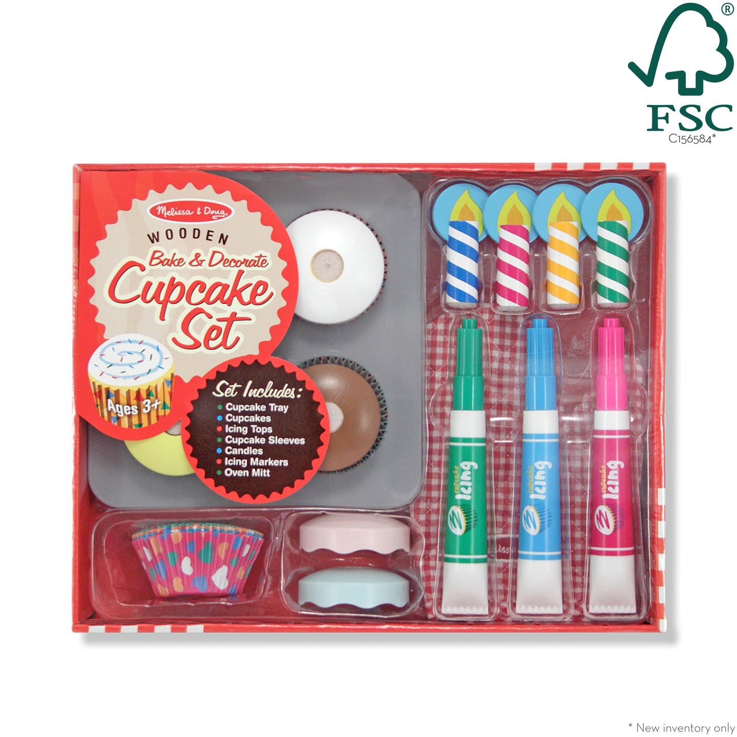 Melissa & Doug Bake & Decorate Wooden Cupcake Kit, with Play Food, Toppings & Play Kitchen Accessories, Preschool Learning Toys for Girls & Boys 3+