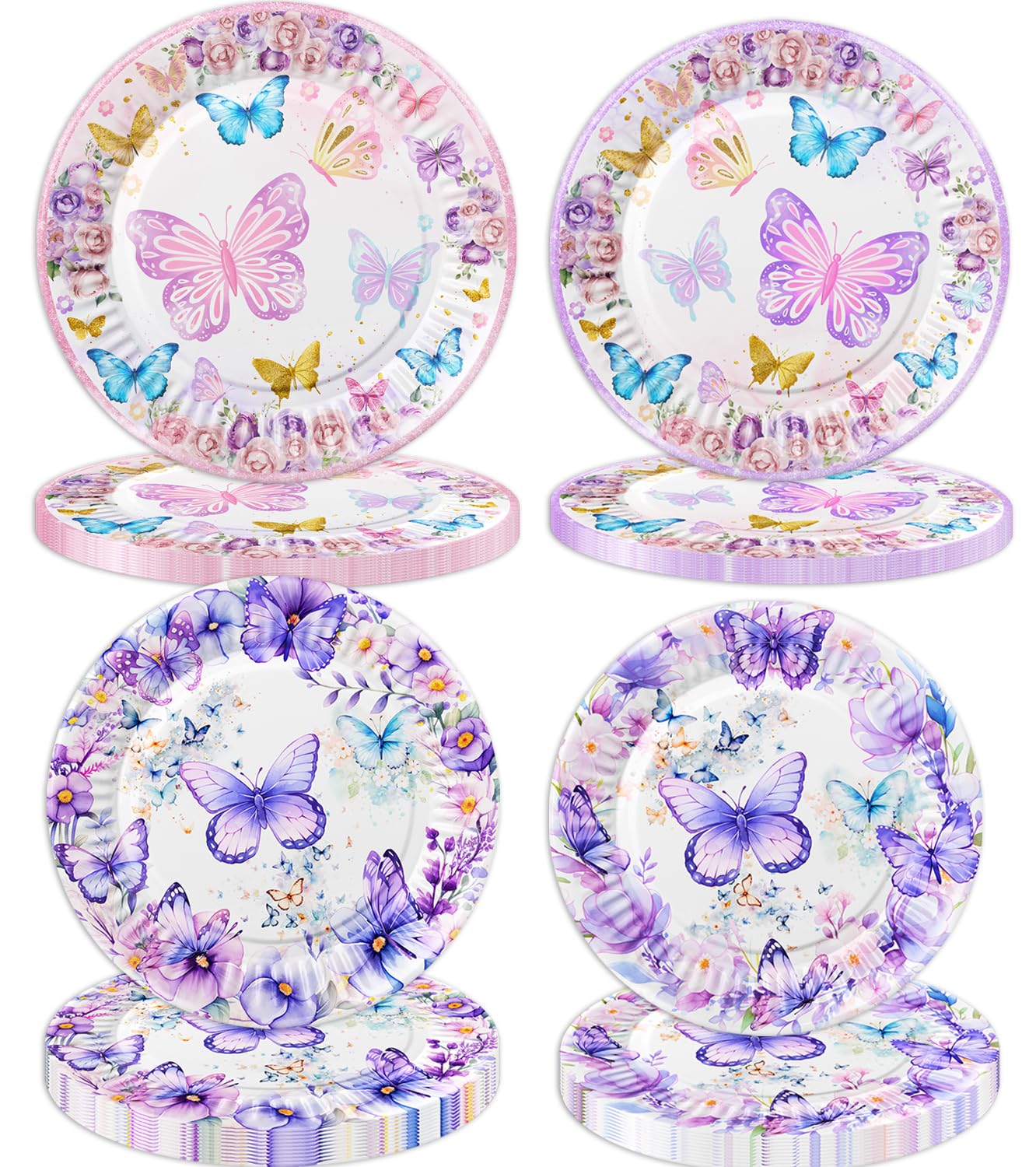 40 Pcs Butterfly Birthday Decorations Party Plates Spring Butterfly Disposable Paper Plates 4 Designs Tableware for Butterfly Theme Girls Baby Shower