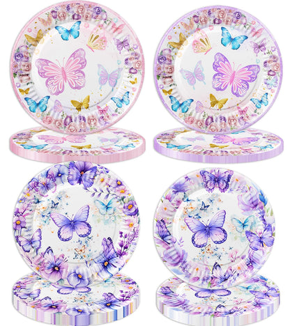 40 Pcs Butterfly Birthday Decorations Party Plates Spring Butterfly Disposable Paper Plates 4 Designs Tableware for Butterfly Theme Girls Baby Shower