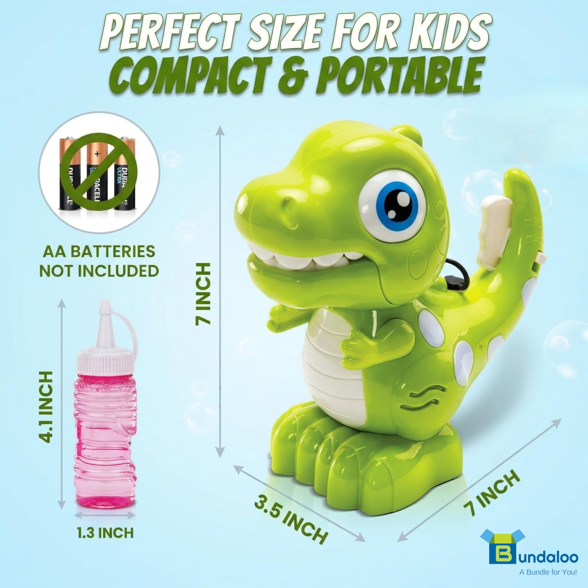 Bundaloo Dino Bubble Blower for Kids, Automatic Bubble Machine with Lights & Sounds, Includes 2 Bottles of Bubble Solution & Funnel, Fun Dinosaur
