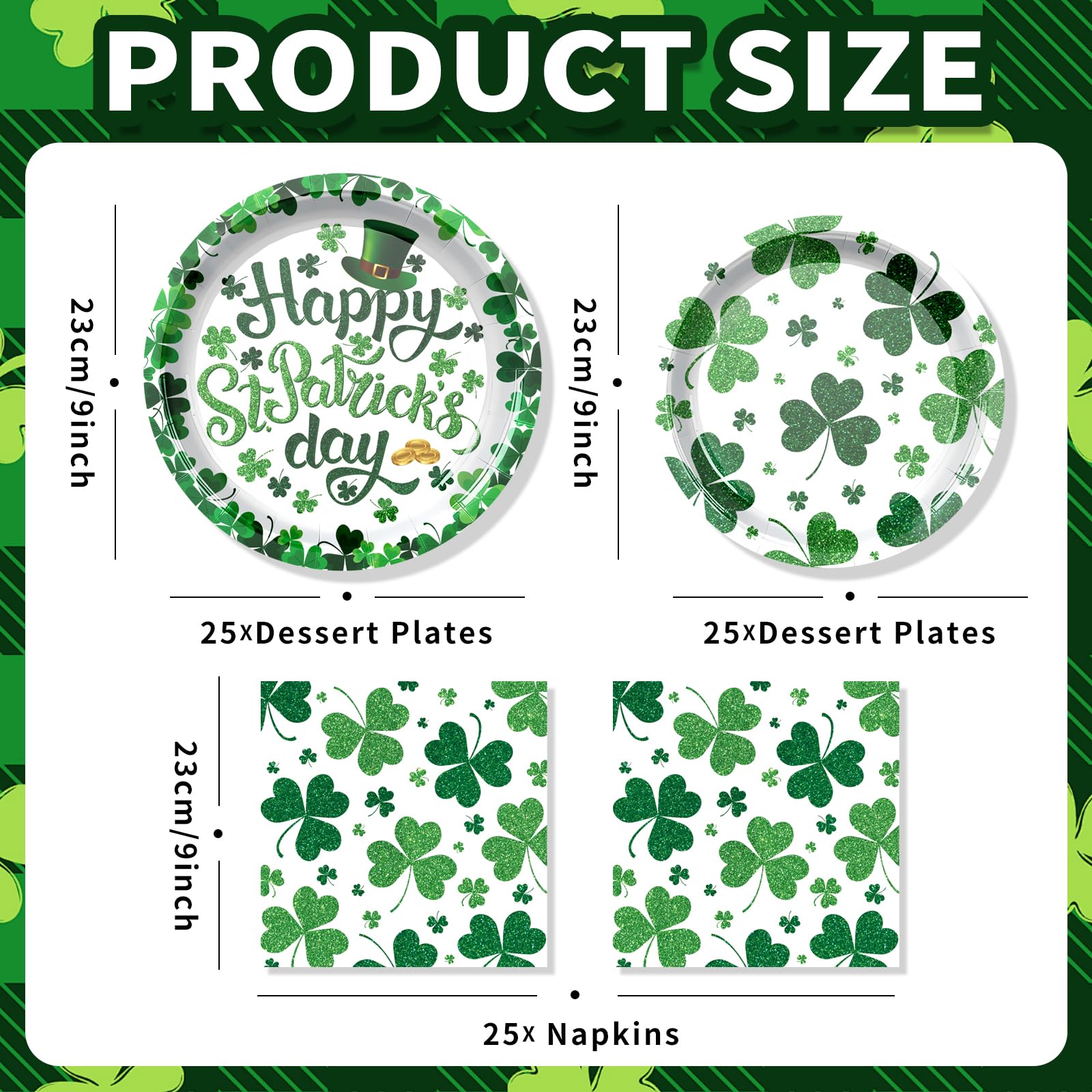 QDIRDEC St. Patrick's Day Paltes and Napkins Green Shamrocks Disposable Plates and Napkins for St Patrick's Day Green Irish Party Decorations, Serve