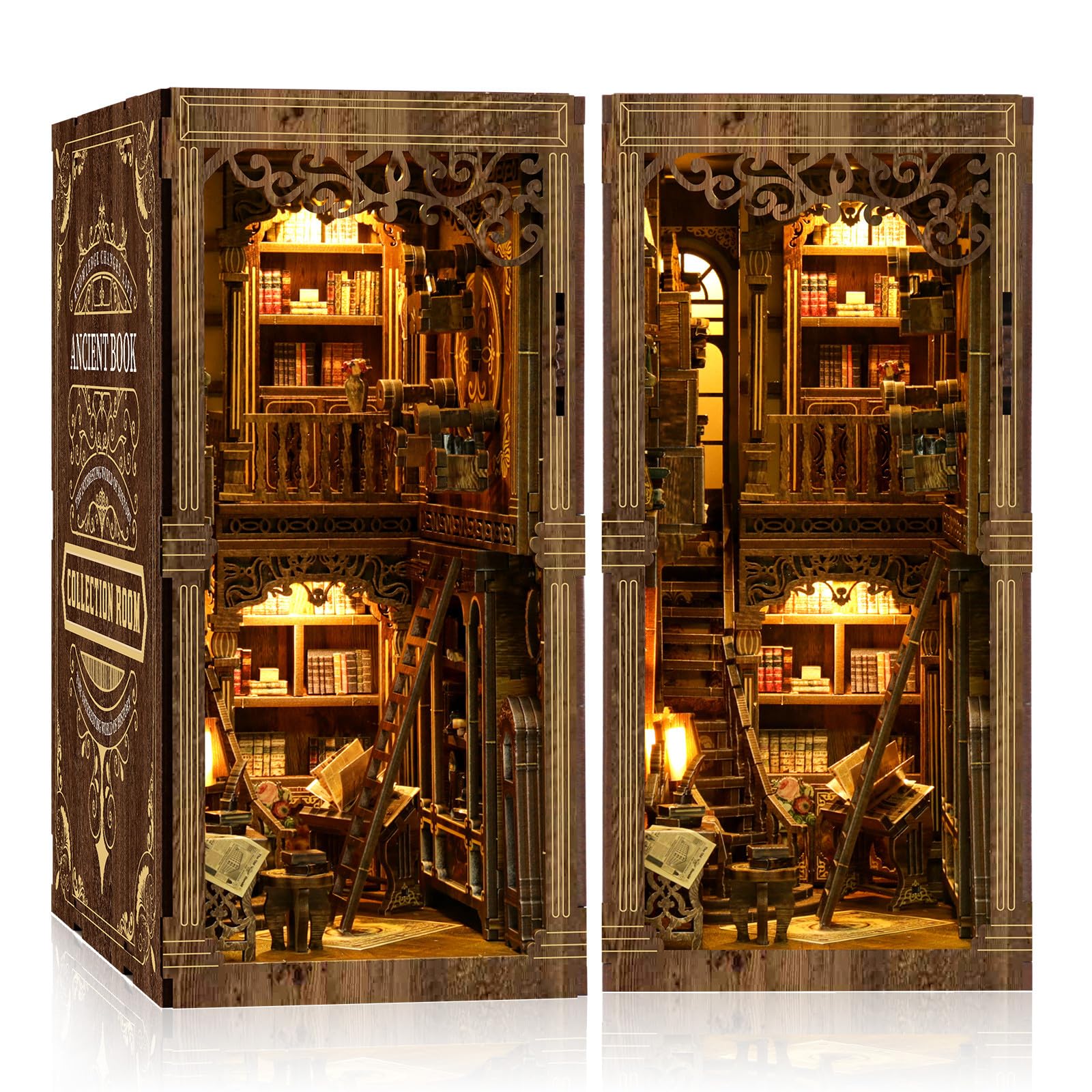 Book Nook Kit - (Classic Edition) - DIY Miniature Wooden Puzzle | Vintage Book Collection Room with LED Lights | 3D Dollhouse Bookend for Bookshelf