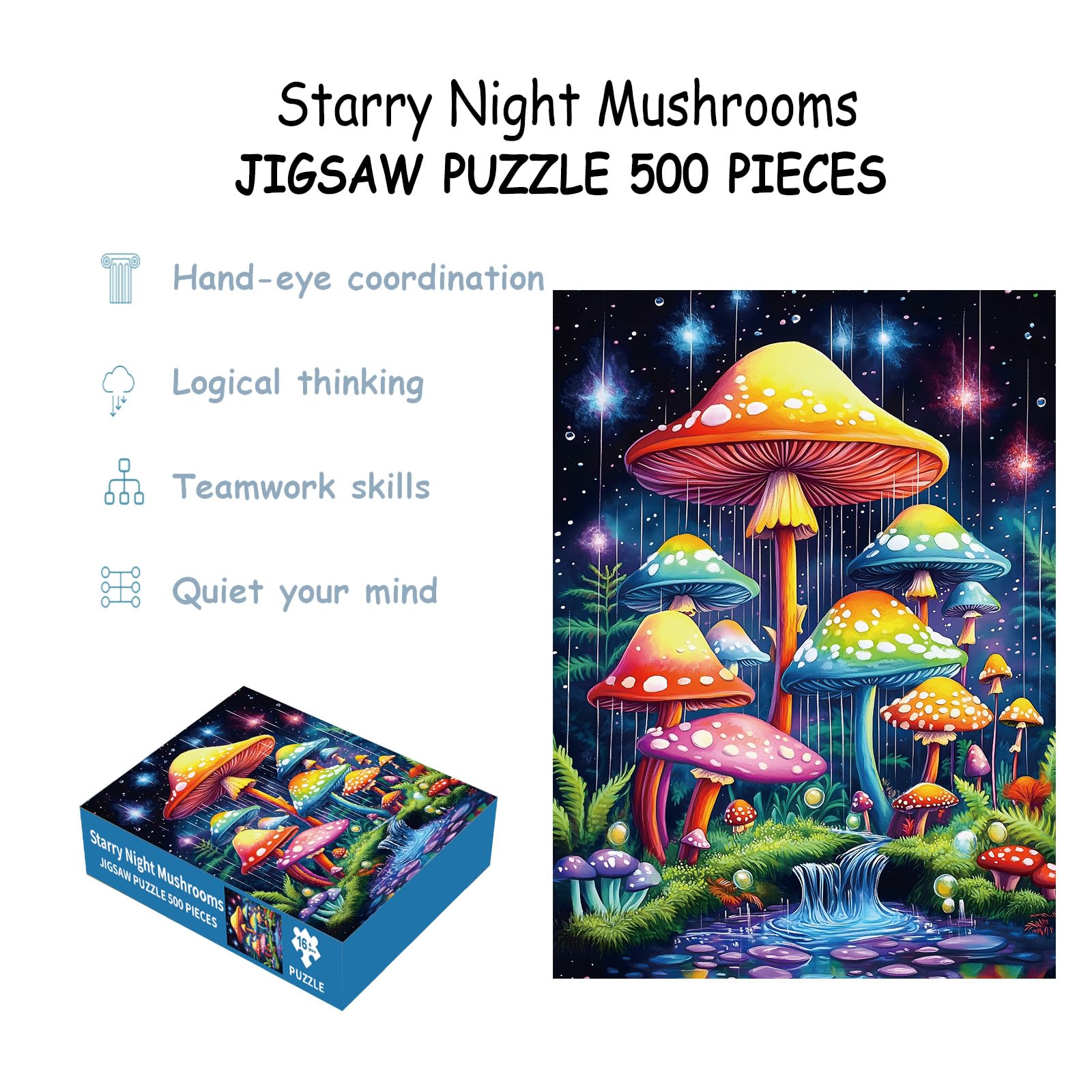 Puzzles for Adults 500 Pieces, Mushroom Jigsaw Puzzles - Starry Night Mushrooms, Impossible Glow in The Dark Puzzle for Seniors Family, 14.96x20.47