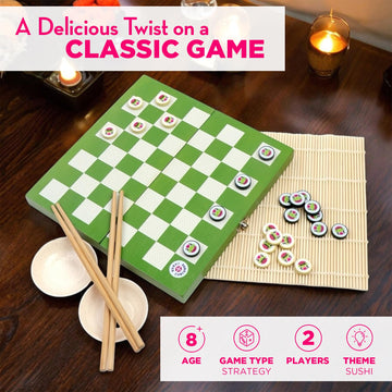 Project Genius: Sushi Checkers - Game & Sushi Making Set, Folding Bamboo Game Board, 24 Checkers & Chopsticks Set, Adults & Kids Ages 8+, 2 Players