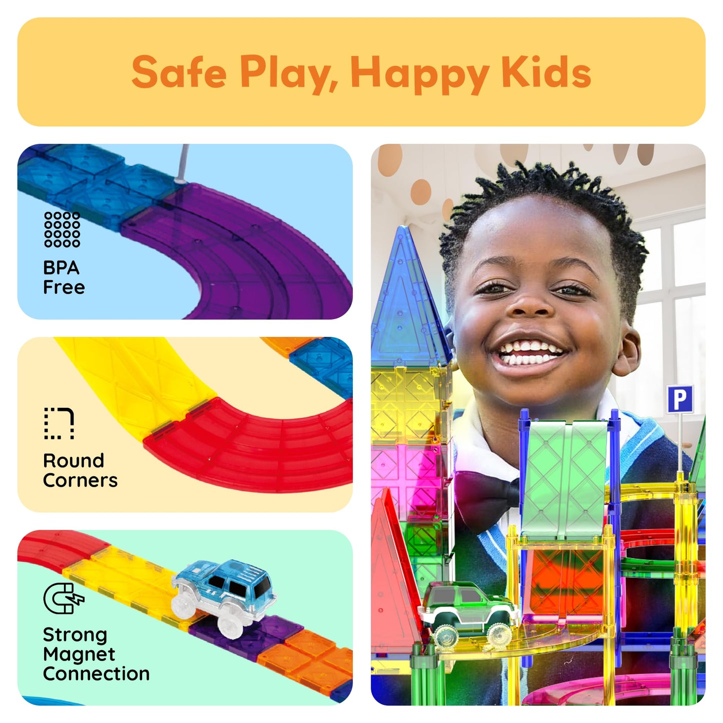 PicassoTiles 128pcs Magnetic Race Car Track Building Block Educational Toy Set Tiles Magnet Playset 3 LED Car STEM Learning Construction Kit Fine