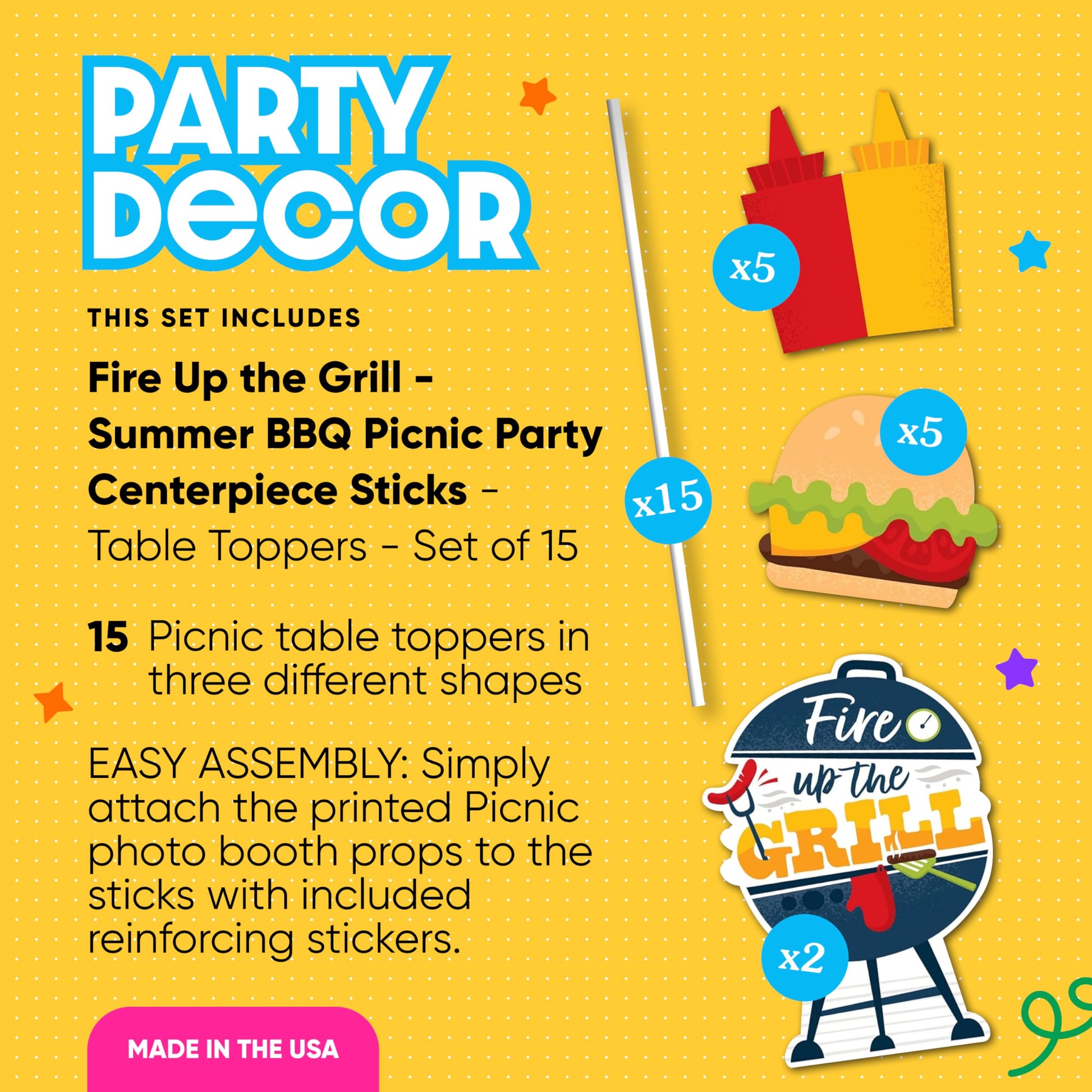 Big Dot of Happiness Fire Up the Grill - Summer BBQ Picnic Party Centerpiece Sticks - Table Toppers - Set of 15