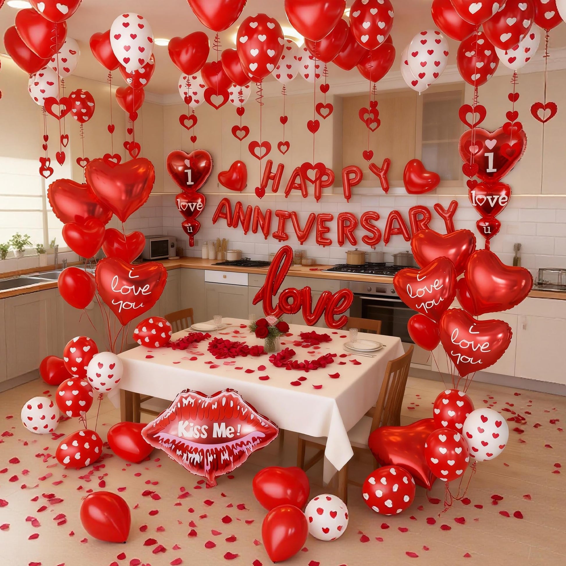 MAJUSTA Anniversary Decorations-Valentines Day Balloons with Heart Balloons,Happy Anniversary Banner,I love you balloons,Heart Hanging String,Red Rose