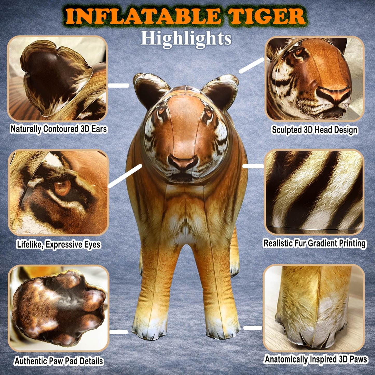 Jet Creations 40" Long Inflatable Tiger Toy, Orange-Yellow with Black Stripes, Realistic Jungle Animal Figure, Home Decor, Photo Prop, Thanksgiving