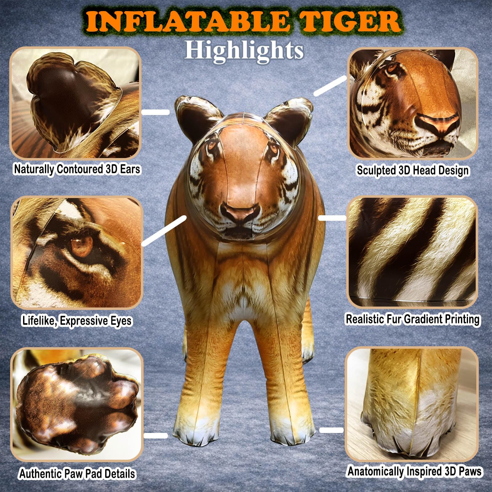 Jet Creations 40" Long Inflatable Tiger Toy, Orange-Yellow with Black Stripes, Realistic Jungle Animal Figure, Home Decor, Photo Prop, Thanksgiving