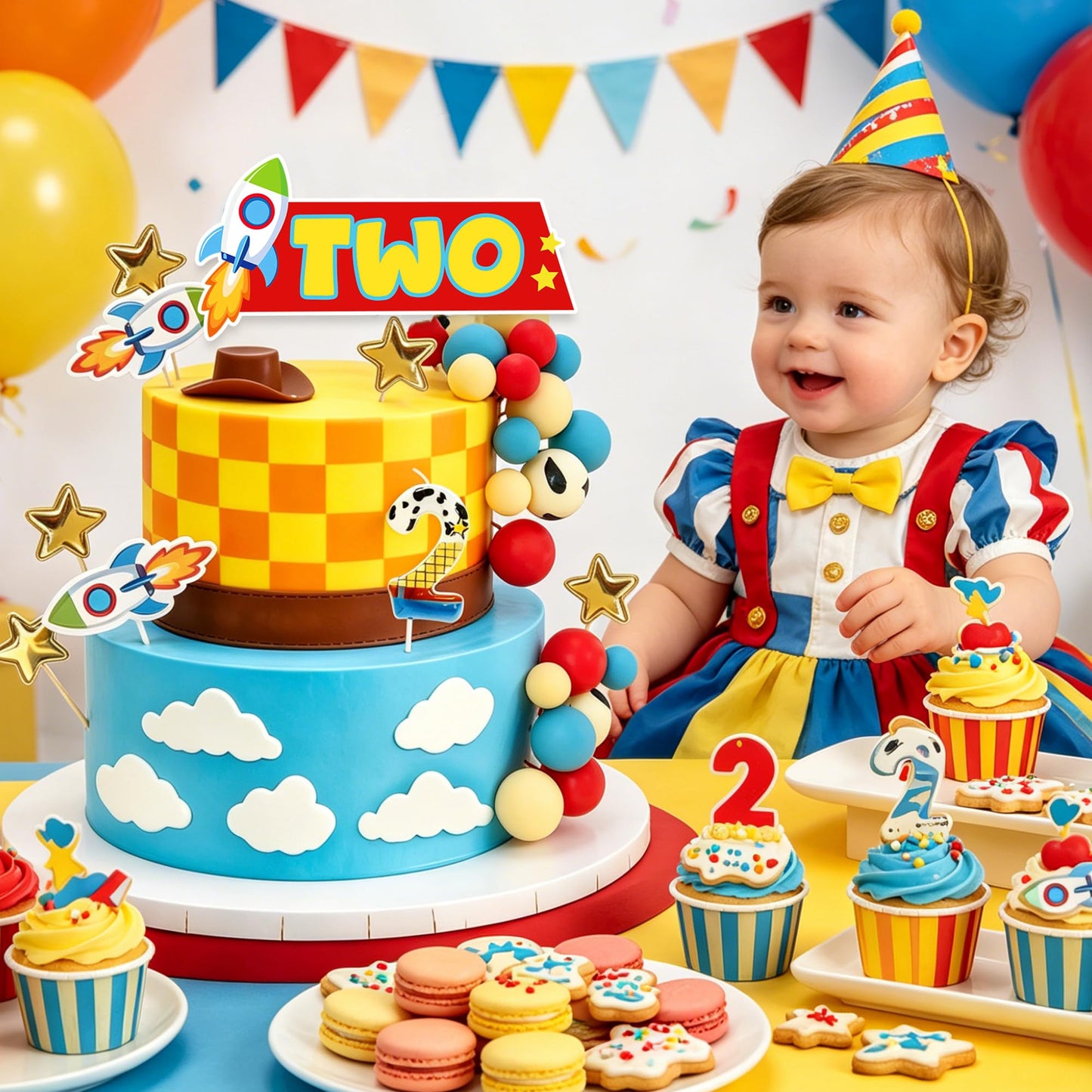 Cartoon Story Cake Toppers with 2nd Birthday Candle
